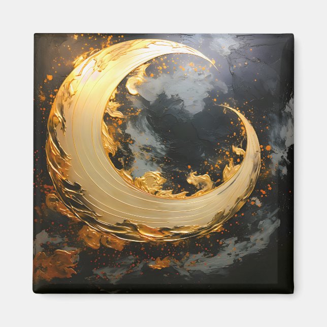 Black Gold Abstract Swirl Modern Moon Magnet (Front)