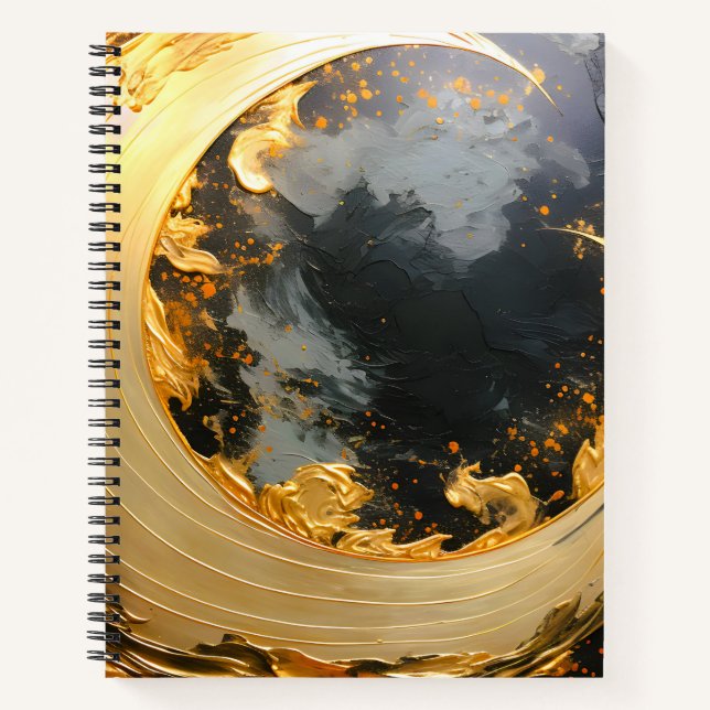 Black Gold Abstract Swirl Modern Moon Notebook (Front)