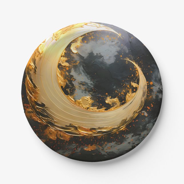 Black Gold Abstract Swirl Modern Moon Paper Plate (Front)