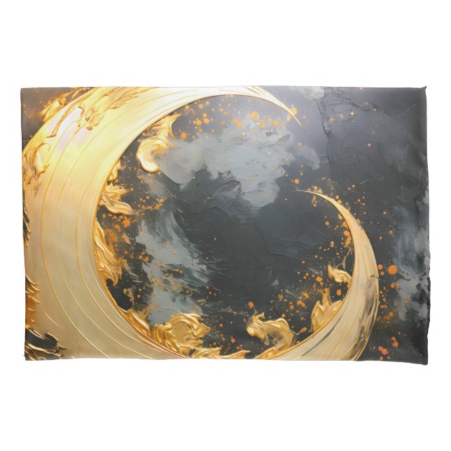Black Gold Abstract Swirl Modern Moon Pillowcase (Front)