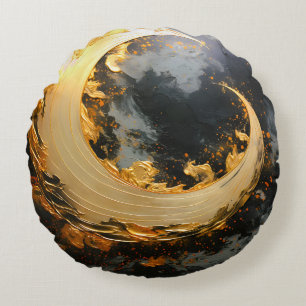 Black Gold Abstract Swirl Modern Moon Round Cushion