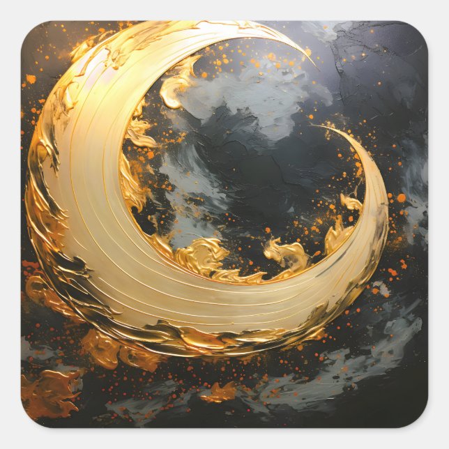 Black Gold Abstract Swirl Modern Moon Square Sticker (Front)