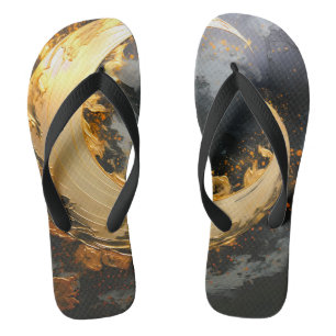 Black Gold Abstract Swirl Modern Moon Thongs