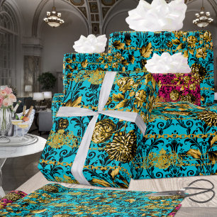 Black Gold Acanthus Leaf Chains Floral Gold Aqua Wrapping Paper
