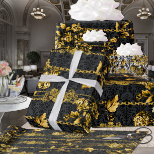 Black Gold Acanthus Leaf Chains Floral Gold Black Wrapping Paper