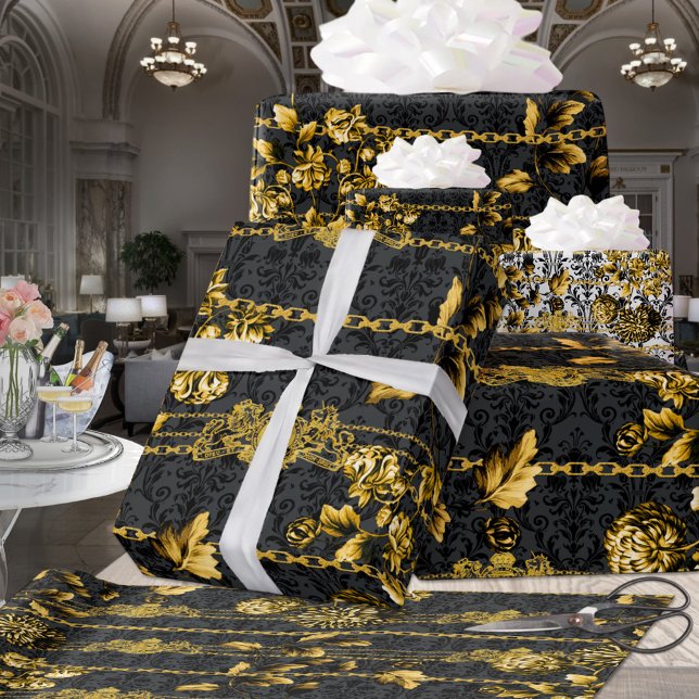Black & Gold Acanthus Leaf Gold Chains Luxury Posh Wrapping Paper Sheet (Black & Gold Acanthus Leaf Gold Chains Luxury Posh Wrapping Paper Sheets )