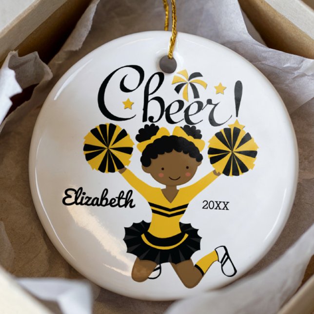 Black & Gold African American Cheerleader Ornament (Creator Uploaded)