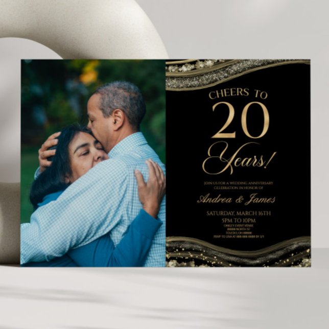 Black Gold Agate 20th Wedding Anniversary Party Invitation (Creator Uploaded)