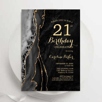 Black Gold Agate 21st Birthday Invitation