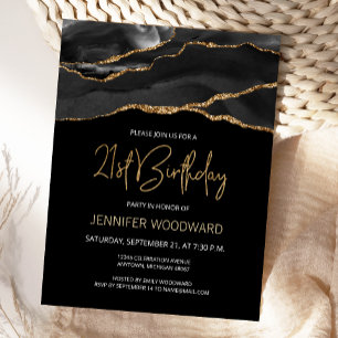 Black Gold Agate 21st Birthday Party Invitation Postcard