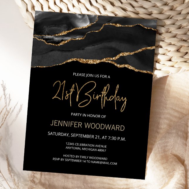 Black Gold Agate 21st Birthday Party Invitation Postcard (Creator Uploaded)