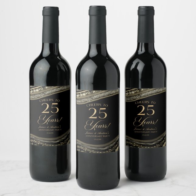 Black Gold Agate 25th Wedding Anniversary Party Wine Label (Bottles)