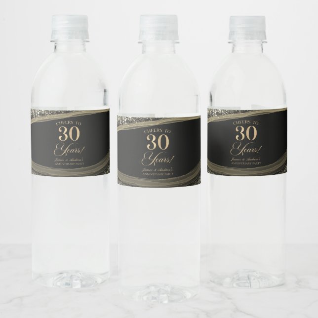 Black Gold Agate 30th Wedding Anniversary Party Water Bottle Label (Bottles)