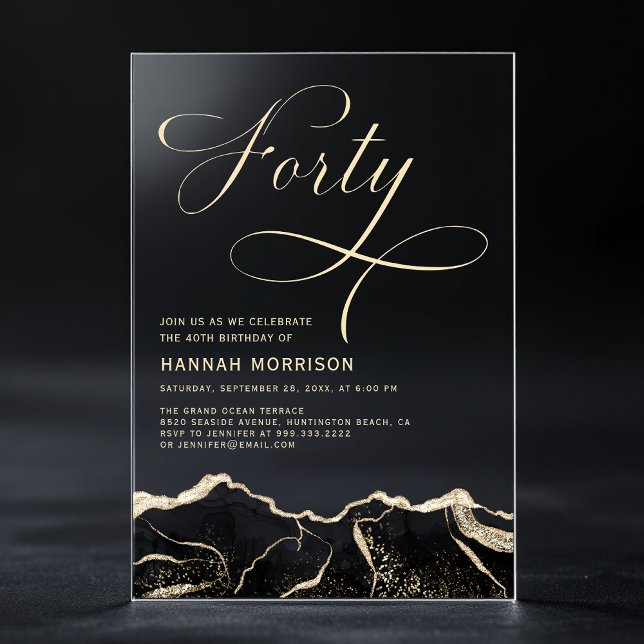 Black Gold Agate 40th Forty Birthday Party Acrylic Invitations (Creator Uploaded)