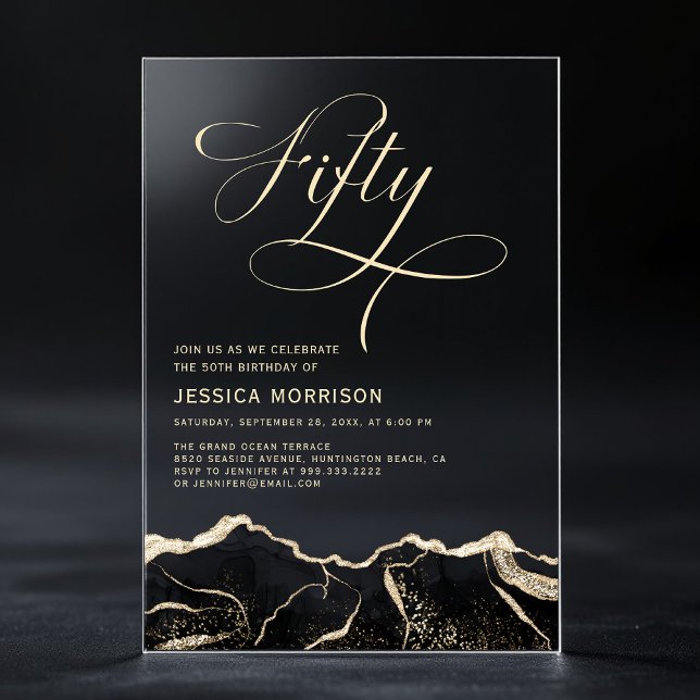 Black Gold Agate 50th Fifty Birthday Party Acrylic Invitations (Creator Uploaded)