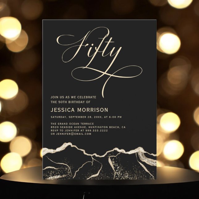 Black Gold Agate 50th Fifty Birthday Party Invitation (Creator Uploaded)
