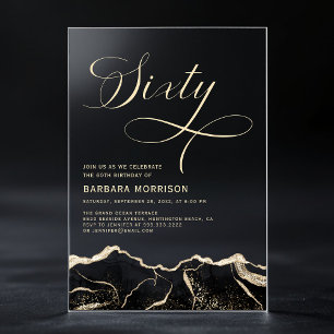 Black Gold Agate 60th Sixty Birthday Party Acrylic Invitations