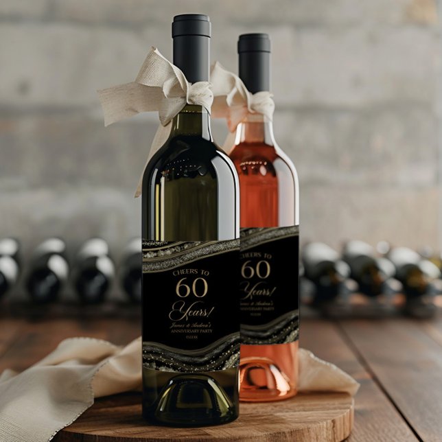 Black Gold Agate 60th Wedding Anniversary Party Wine Label (Creator Uploaded)