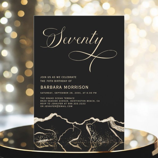 Black Gold Agate 70th Seventy Birthday Party Invitation (Creator Uploaded)