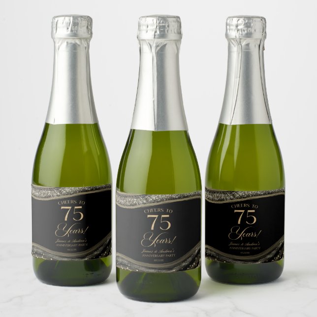 Black Gold Agate 75th Wedding Anniversary Party Sparkling Wine Label (Bottles)
