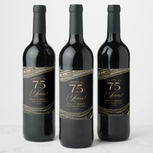 Black Gold Agate 75th Wedding Anniversary Party Wine Label
