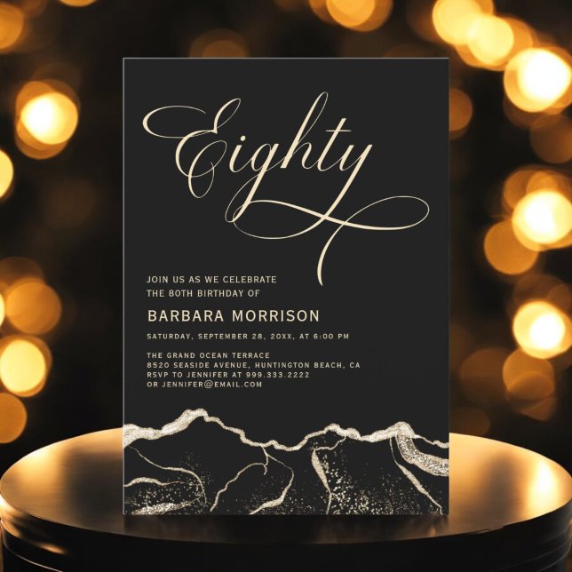 Black Gold Agate 80th eighty Birthday Party Invitation (Creator Uploaded)