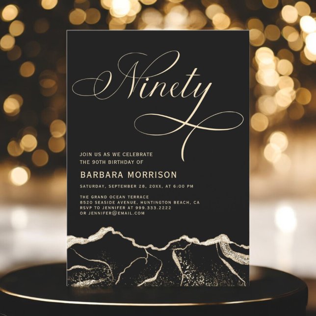 Black Gold Agate 90th Ninety Birthday Party Invitation (Creator Uploaded)