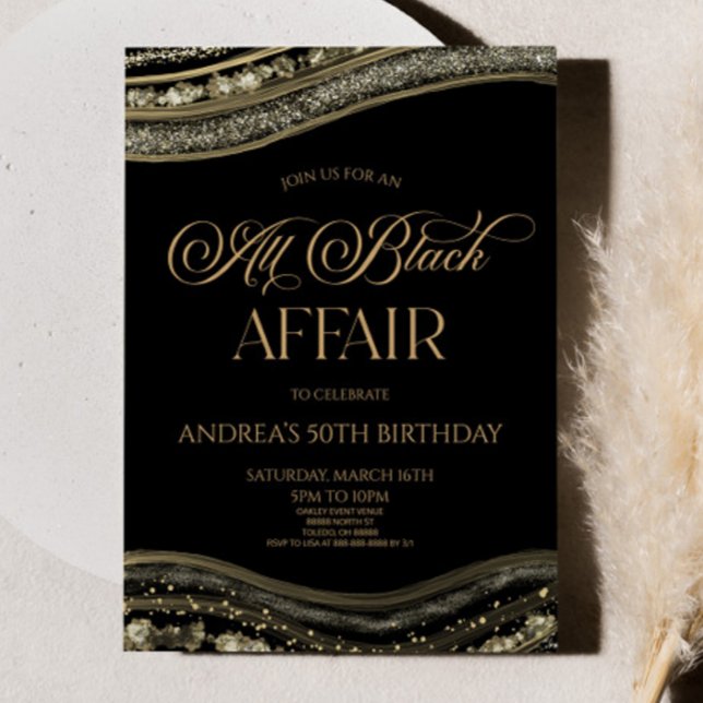 Black Gold Agate All Black Affair Birthday Party Invitation (Creator Uploaded)
