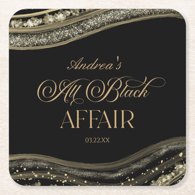 Black Gold Agate All Black Affair Birthday Party Square Paper Coaster (Front)