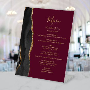 Black Gold Agate Burgundy Wedding Menu Pedestal Sign