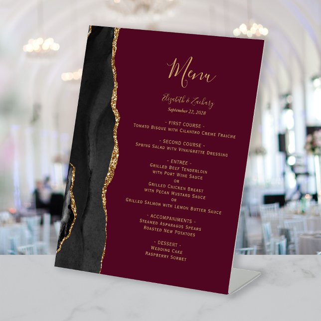 Black Gold Agate Burgundy Wedding Menu Pedestal Sign (Creator Uploaded)