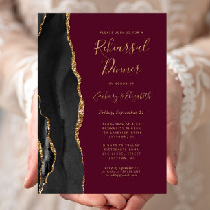 Black Gold Agate Burgundy Wedding Rehearsal Dinner Invitation