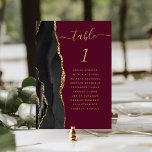 Black Gold Agate Burgundy Wedding Table Number<br><div class="desc">The left-hand edge of this elegant modern wedding table number card features a black watercolor agate border trimmed with faux gold glitter. The word "table" appears in gold-coloured handwriting script on a burgundy red background. Add the names of your guests who are assigned to each table.</div>