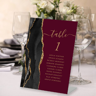 Black Gold Agate Burgundy Wedding Table Number Pedestal Sign