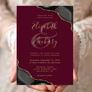 Black Gold Agate Corners Burgundy Wedding Invitation