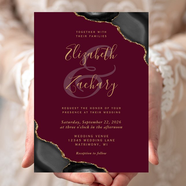 Black Gold Agate Corners Burgundy Wedding Invitation (Creator Uploaded)