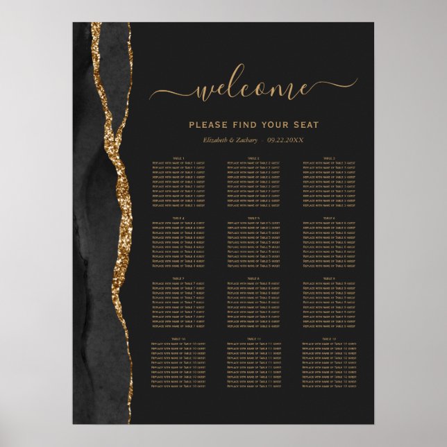 Black Gold Agate Dark 12-Table Wedding Seating Poster (Front)