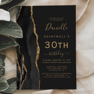Black Gold Agate Dark 30th Birthday Party Invitation