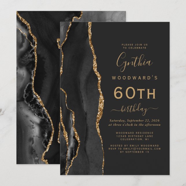 Black Gold Agate Dark 60th Birthday Party Invitation (Front/Back)