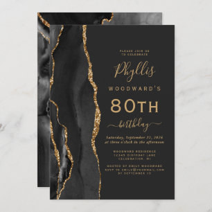 Black Gold Agate Dark 80th Birthday Party Invitation