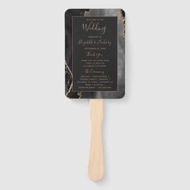 Black Gold Agate Dark Wedding Program Hand Fan (Front)