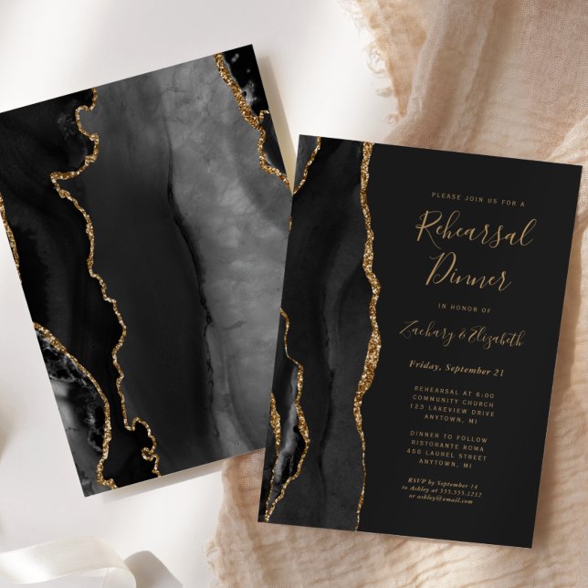  Black Gold Agate Dark Wedding Rehearsal Dinner Invitation (Creator Uploaded)