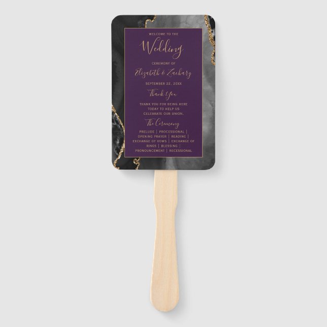 Black Gold Agate Deep Purple Wedding Program Hand Fan (Front)