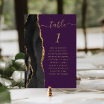 Black Gold Agate Deep Purple Wedding Table Number<br><div class="desc">The left-hand edge of this elegant modern wedding table number card features a black watercolor agate border trimmed with faux gold glitter. The word "table" appears in gold-coloured handwriting script on a deep purple background. Add the names of your guests who are assigned to each table.</div>