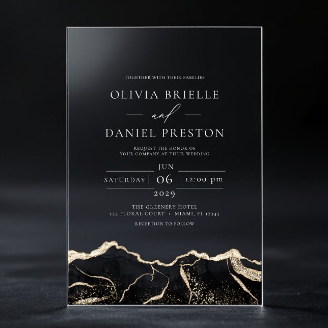 Black Gold Agate Elegant Modern Wedding Acrylic Invitations (Creator Uploaded)