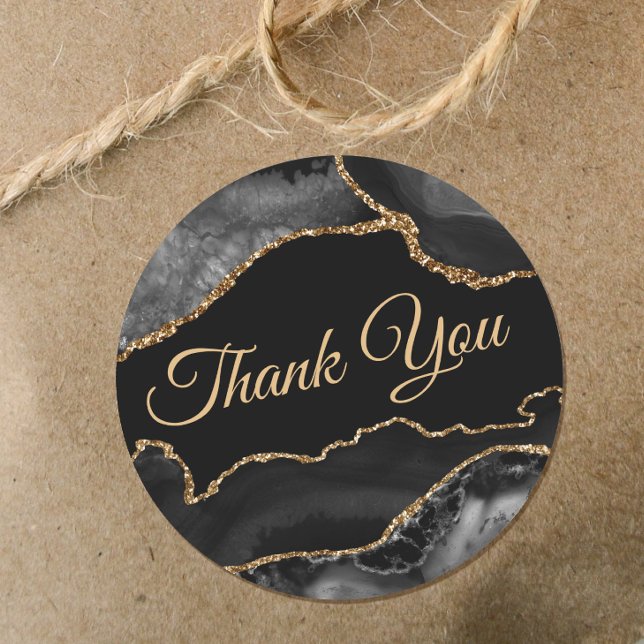Black gold agate elegant thank you classic round sticker (Creator Uploaded)