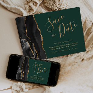 Black Gold Agate Emerald Green Save the Date Invitation