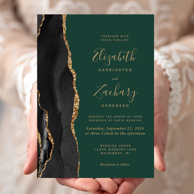 Black Gold Agate Emerald Green Wedding Invitation (Creator Uploaded)