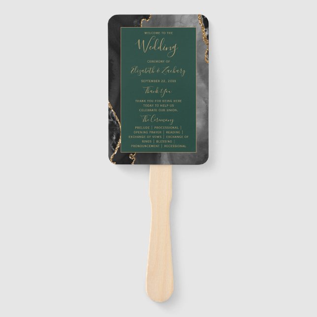 Black Gold Agate Emerald Green Wedding Program Hand Fan (Front)