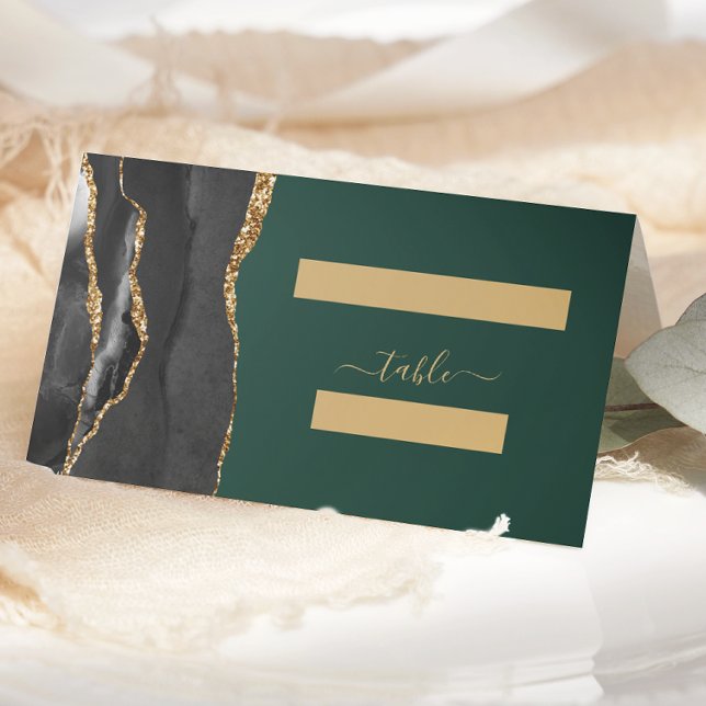 Black Gold Agate Emerald Green Wedding Table Place Card (Creator Uploaded)
